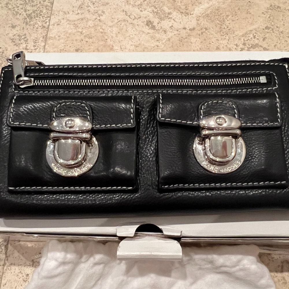 New Marc Jacobs Black Leather Wallet with Silver Hardware